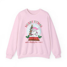 Load image into Gallery viewer, Merry Fitmas and a Happy New Rear Snowglobe Unisex Crewneck Sweatshirt - Festive Holiday Sweatshirt for All Occasions
