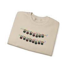 Load image into Gallery viewer, Festive Kettlebell String lights Sweatshirt for Fitness Enthusiasts
